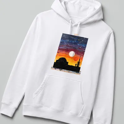 Silhouette of a figure against a colorful sunset in oil painting style — printed on a unisex hoodie