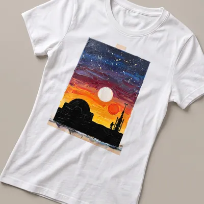 Silhouette of a figure against a colorful sunset in oil painting style — printed on a women's shirt