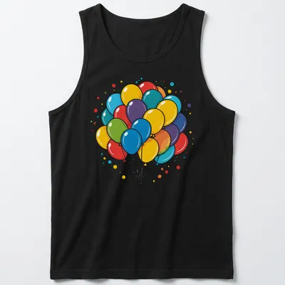 Colorful balloons in yellow, red, blue, green, purple, and orange with a bold outline — printed on a tank top