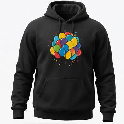 Colorful balloons in yellow, red, blue, green, purple, and orange with a bold outline — printed on a unisex hoodie