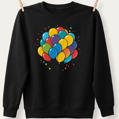 Colorful balloons in yellow, red, blue, green, purple, and orange with a bold outline — printed on a unisex sweatshirt