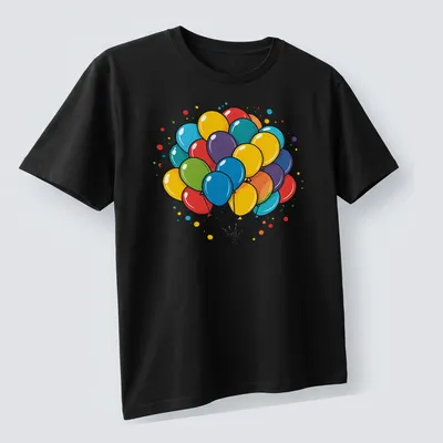 Colorful balloons in yellow, red, blue, green, purple, and orange with a bold outline — printed on a unisex t-shirt (angled view)