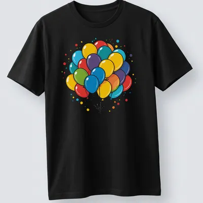 Colorful balloons in yellow, red, blue, green, purple, and orange with a bold outline — printed on a unisex t-shirt