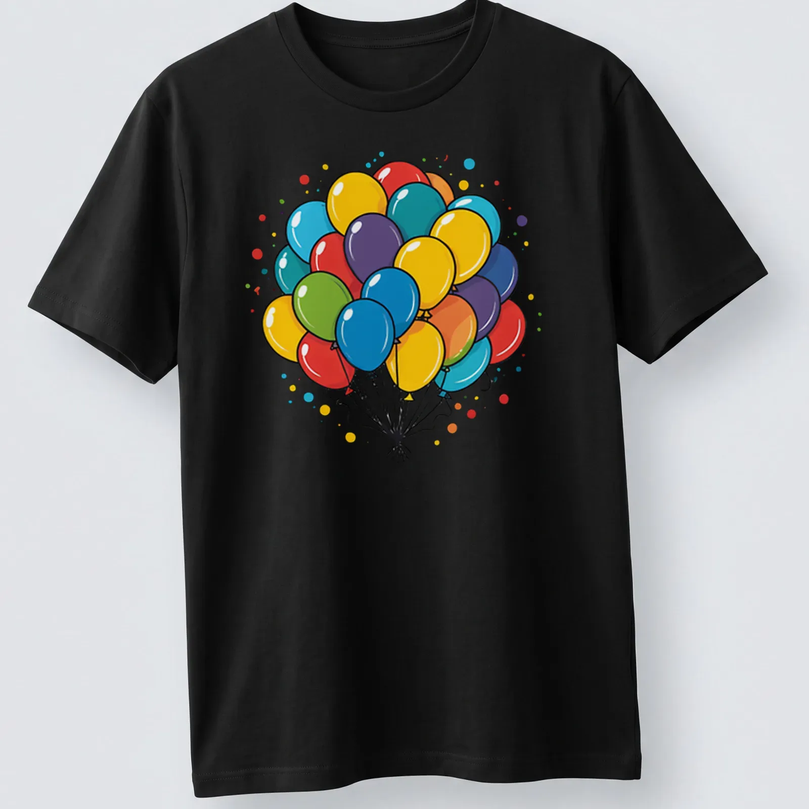 Colorful balloons in yellow, red, blue, green, purple, and orange with a bold outline — printed on a unisex t-shirt