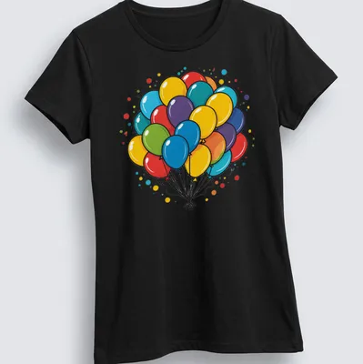 Colorful balloons in yellow, red, blue, green, purple, and orange with a bold outline — printed on a women's shirt