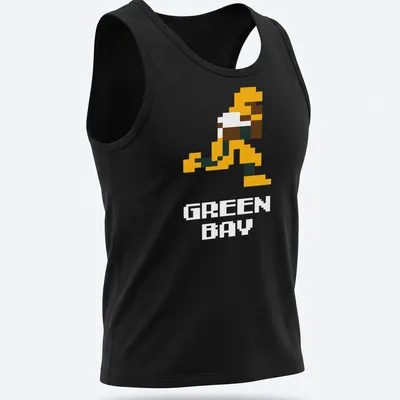 Pixel art of a football player in dark green and orange colors — printed on a tank top
