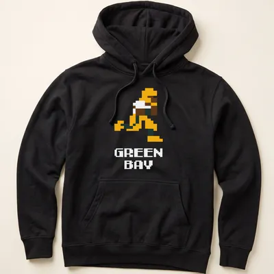 Pixel art of a football player in dark green and orange colors — printed on a unisex hoodie