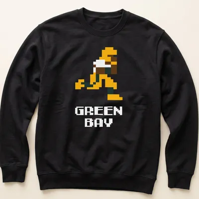 Pixel art of a football player in dark green and orange colors — printed on a unisex sweatshirt