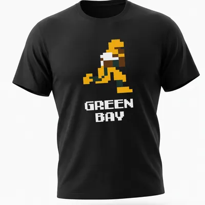 Pixel art of a football player in dark green and orange colors