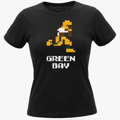 Pixel art of a football player in dark green and orange colors — printed on a women's shirt