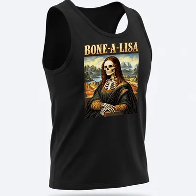 Skeleton Mona Lisa graphic with humorous text BONE-A-LISA in colorful vintage art style — printed on a tank top