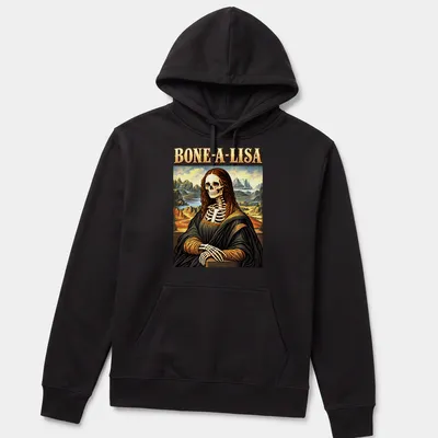 Skeleton Mona Lisa graphic with humorous text BONE-A-LISA in colorful vintage art style — printed on a unisex hoodie