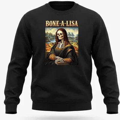 Skeleton Mona Lisa graphic with humorous text BONE-A-LISA in colorful vintage art style — printed on a unisex sweatshirt