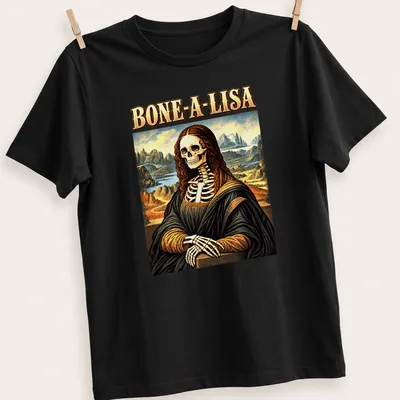 Skeleton Mona Lisa graphic with humorous text BONE-A-LISA in colorful vintage art style