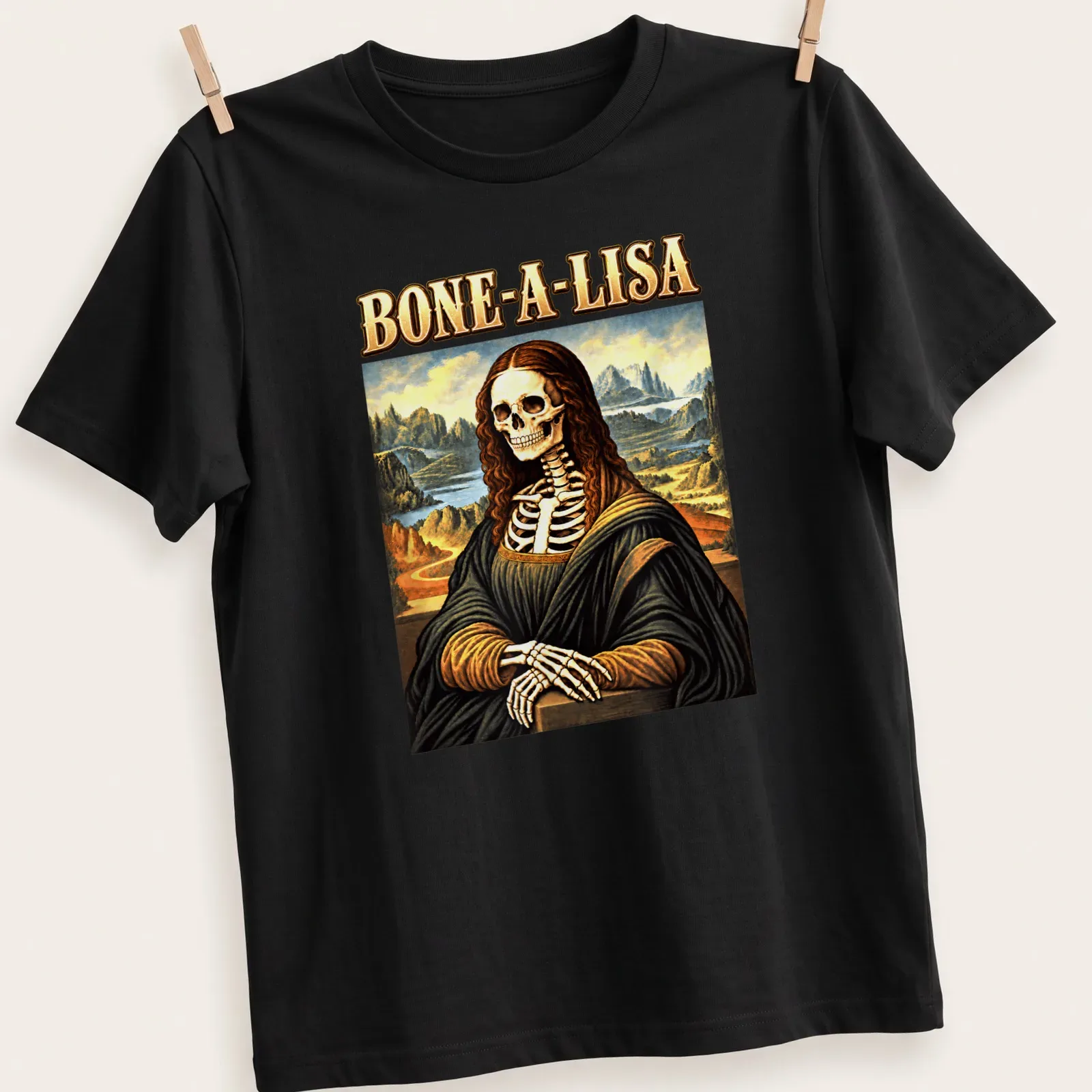 Skeleton Mona Lisa graphic with humorous text BONE-A-LISA in colorful vintage art style — printed on a unisex t-shirt