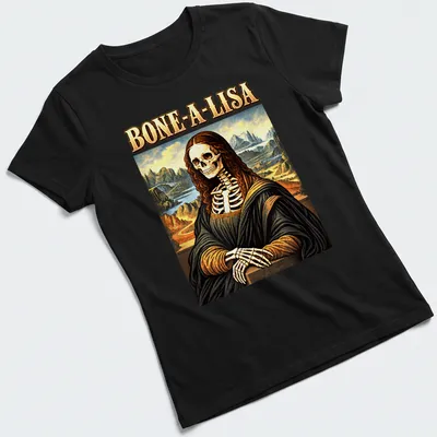 Skeleton Mona Lisa graphic with humorous text BONE-A-LISA in colorful vintage art style — printed on a women's shirt