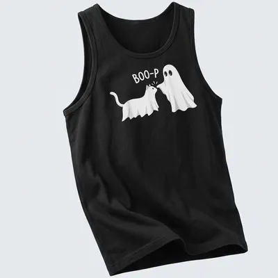 Kawaii t-shirt featuring a cat and ghost with 'BOO-P' text — printed on a tank top