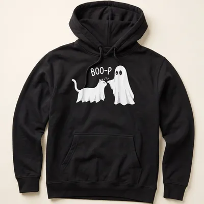 Kawaii t-shirt featuring a cat and ghost with 'BOO-P' text — printed on a unisex hoodie