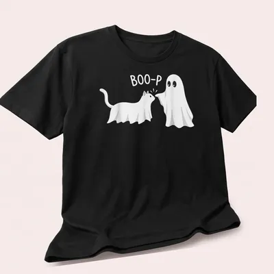 Kawaii t-shirt featuring a cat and ghost with 'BOO-P' text — printed on a unisex t-shirt (angled view)