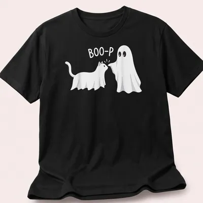 Kawaii t-shirt featuring a cat and ghost with 'BOO-P' text