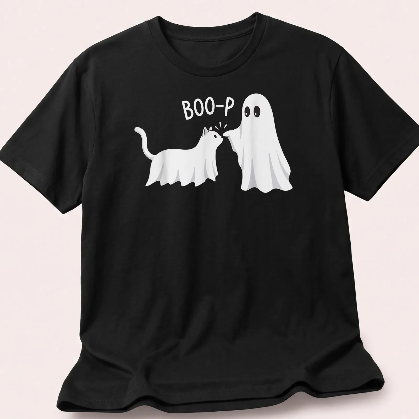 Kawaii t-shirt featuring a cat and ghost with 'BOO-P' text — printed on a unisex t-shirt