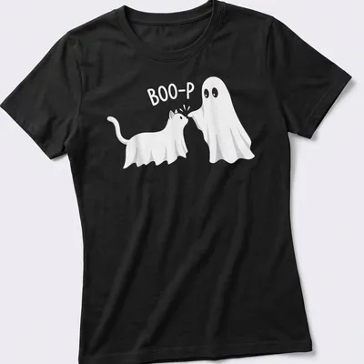 Kawaii t-shirt featuring a cat and ghost with 'BOO-P' text — printed on a women's shirt