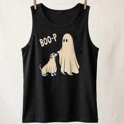 Cartoonish dog in ghost costume with text 'BOO-P' in beige and black — printed on a tank top