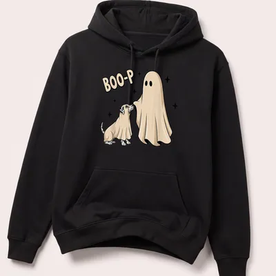 Cartoonish dog in ghost costume with text 'BOO-P' in beige and black — printed on a unisex hoodie