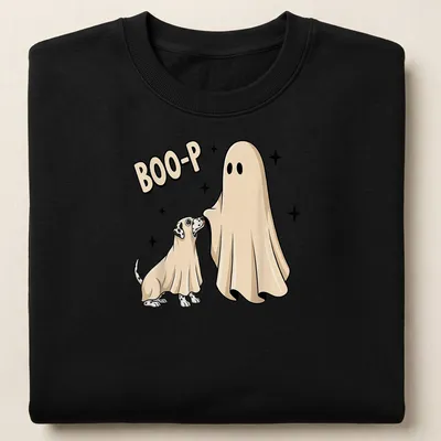 Cartoonish dog in ghost costume with text 'BOO-P' in beige and black — printed on a unisex sweatshirt