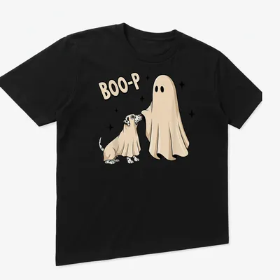 Cartoonish dog in ghost costume with text 'BOO-P' in beige and black — printed on a unisex t-shirt (angled view)