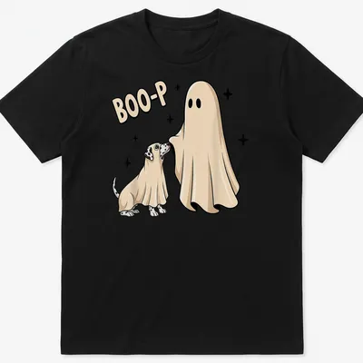 Cartoonish dog in ghost costume with text 'BOO-P' in beige and black — printed on a unisex t-shirt