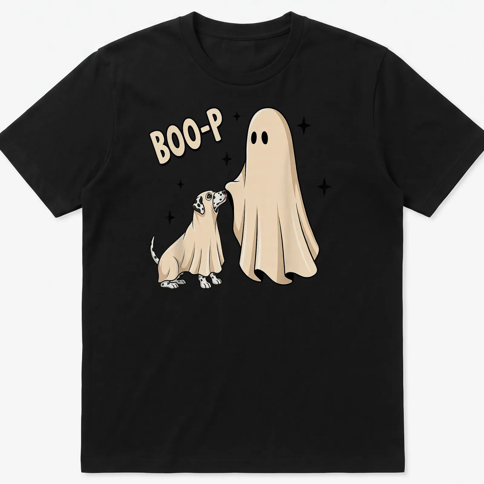 Cartoonish dog in ghost costume with text 'BOO-P' in beige and black — printed on a unisex t-shirt