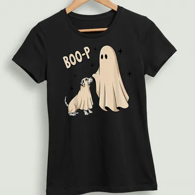 Cartoonish dog in ghost costume with text 'BOO-P' in beige and black — printed on a women's shirt