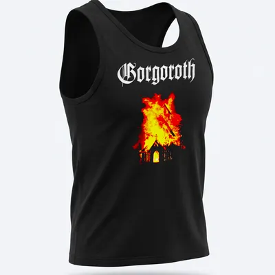 Grunge-style shirt depicting a burning church with the text 'Borgoth' in bold letters. — printed on a tank top