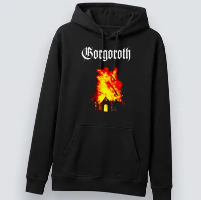 Grunge-style shirt depicting a burning church with the text 'Borgoth' in bold letters. — printed on a unisex hoodie