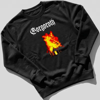 Grunge-style shirt depicting a burning church with the text 'Borgoth' in bold letters. — printed on a unisex sweatshirt