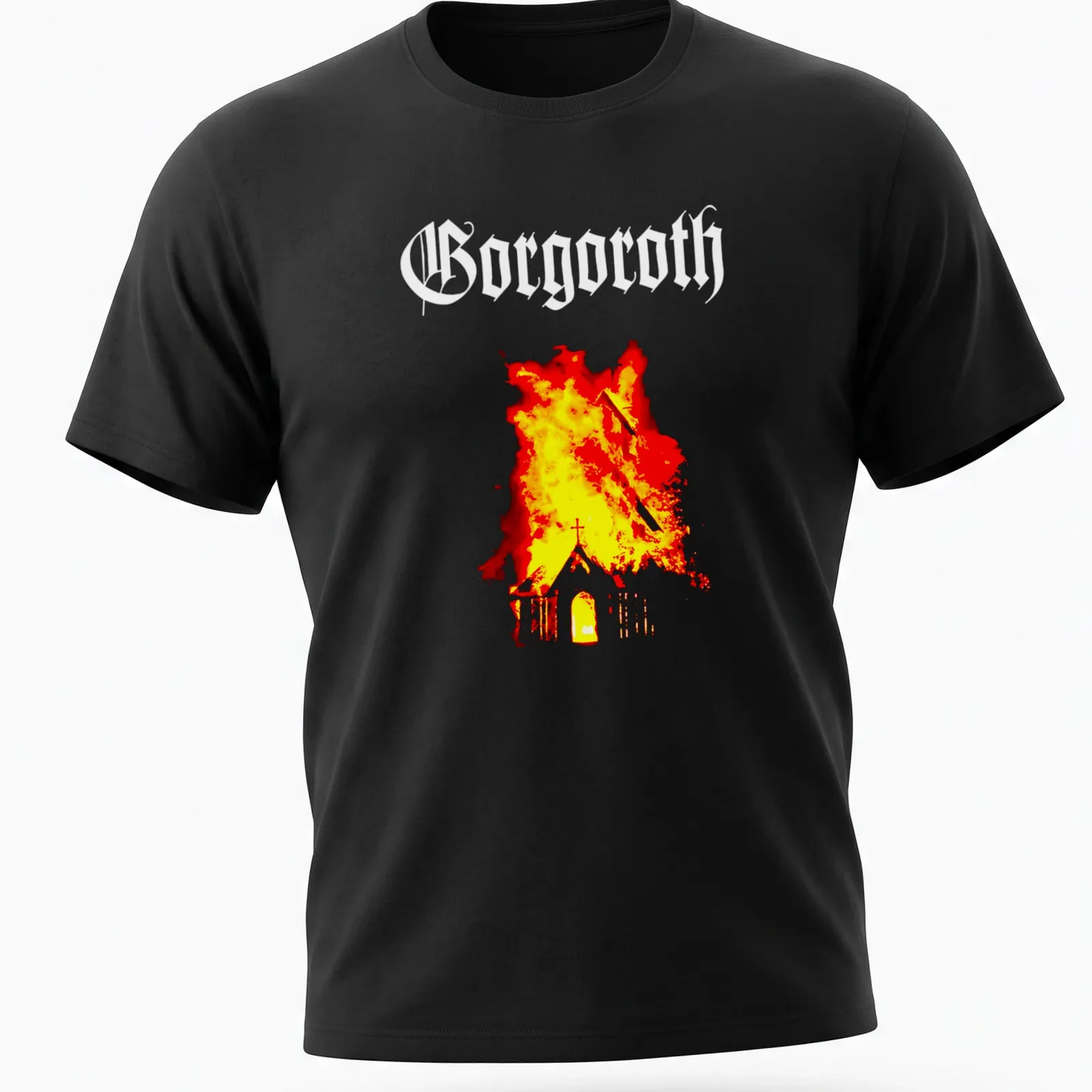 Grunge-style shirt depicting a burning church with the text 'Borgoth' in bold letters. — printed on a unisex t-shirt