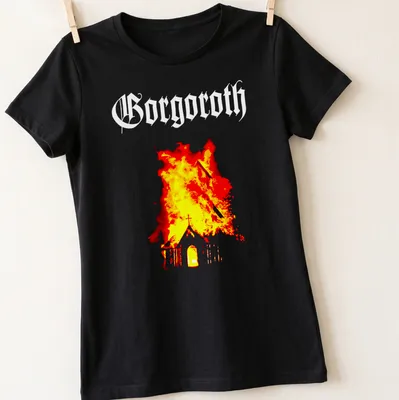 Grunge-style shirt depicting a burning church with the text 'Borgoth' in bold letters. — printed on a women's shirt
