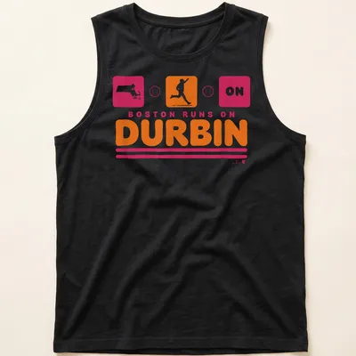 Bold design featuring a running figure and the text Boston Runs On Durbin — printed on a tank top