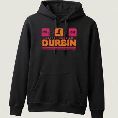 Bold design featuring a running figure and the text Boston Runs On Durbin — printed on a unisex hoodie