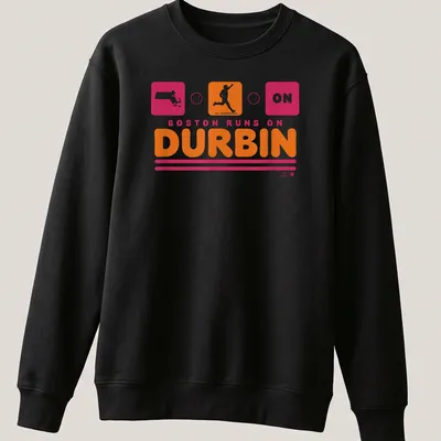 Bold design featuring a running figure and the text Boston Runs On Durbin — printed on a unisex sweatshirt
