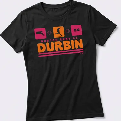 Bold design featuring a running figure and the text Boston Runs On Durbin — printed on a women's shirt