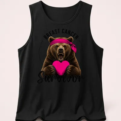 Illustration of a bear holding a heart with 'BREAST CANCER Survivor' text in vibrant colors — printed on a tank top