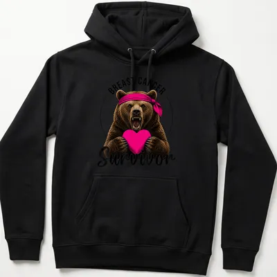 Illustration of a bear holding a heart with 'BREAST CANCER Survivor' text in vibrant colors — printed on a unisex hoodie