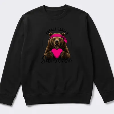 Illustration of a bear holding a heart with 'BREAST CANCER Survivor' text in vibrant colors — printed on a unisex sweatshirt