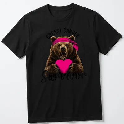 Illustration of a bear holding a heart with 'BREAST CANCER Survivor' text in vibrant colors — printed on a unisex t-shirt