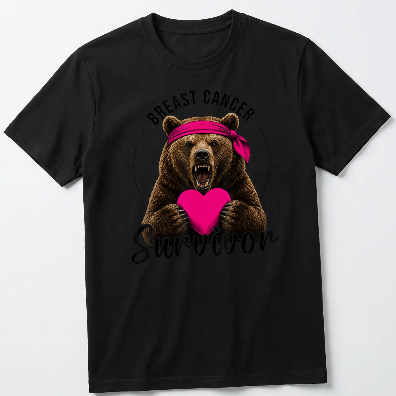 Illustration of a bear holding a heart with 'BREAST CANCER Survivor' text in vibrant colors — printed on a unisex t-shirt