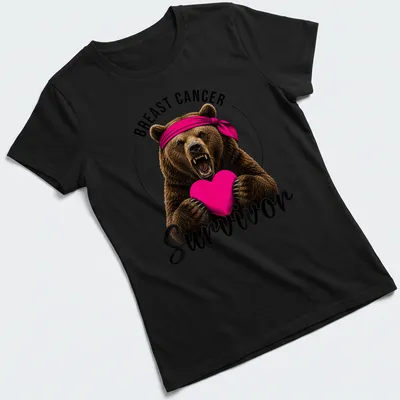 Illustration of a bear holding a heart with 'BREAST CANCER Survivor' text in vibrant colors — printed on a women's shirt