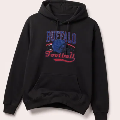 Vintage distressed shirt featuring a football helmet with BUFFALO Football text — printed on a unisex hoodie
