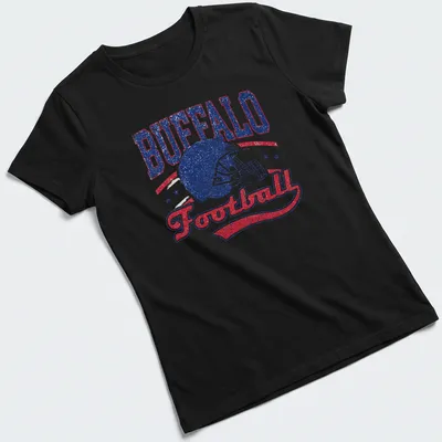 Vintage distressed shirt featuring a football helmet with BUFFALO Football text — printed on a women's shirt
